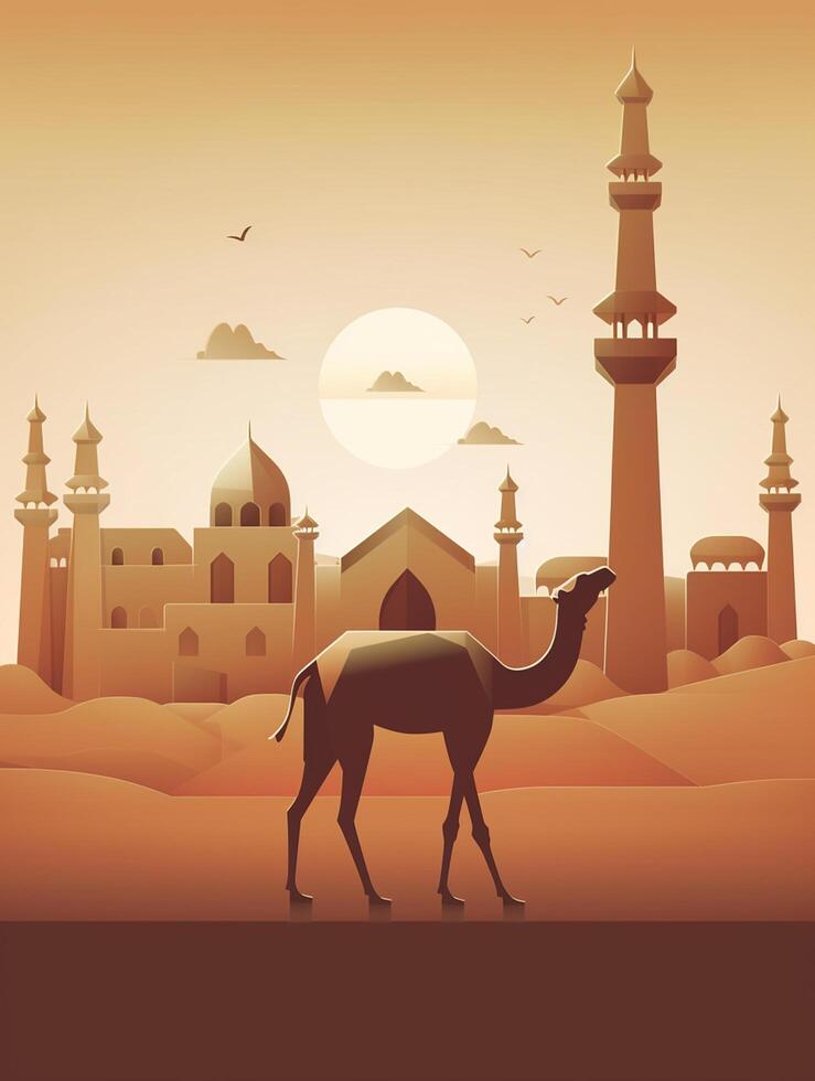 Eid Al Adha Mubarak greeting with camel and mosque, Eid Mubarak photo
