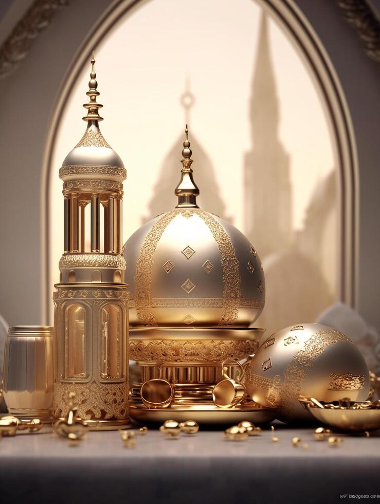 Islamic cute 3d mosque for ramadan and Eid greeting background photo