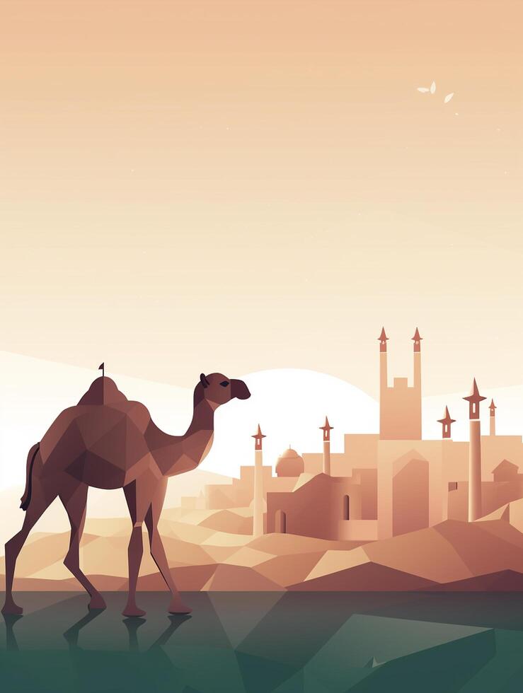Eid Al Adha Mubarak greeting with camel and mosque, Eid Mubarak photo