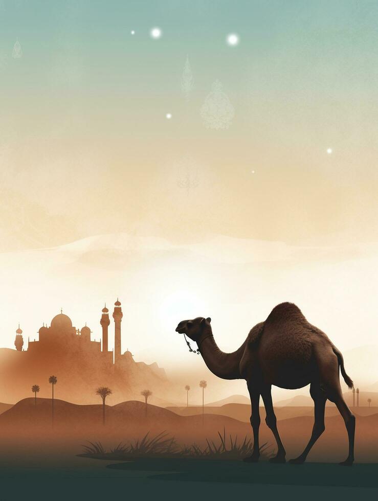 Eid Al Adha Mubarak greeting with camel and mosque, Eid Mubarak photo