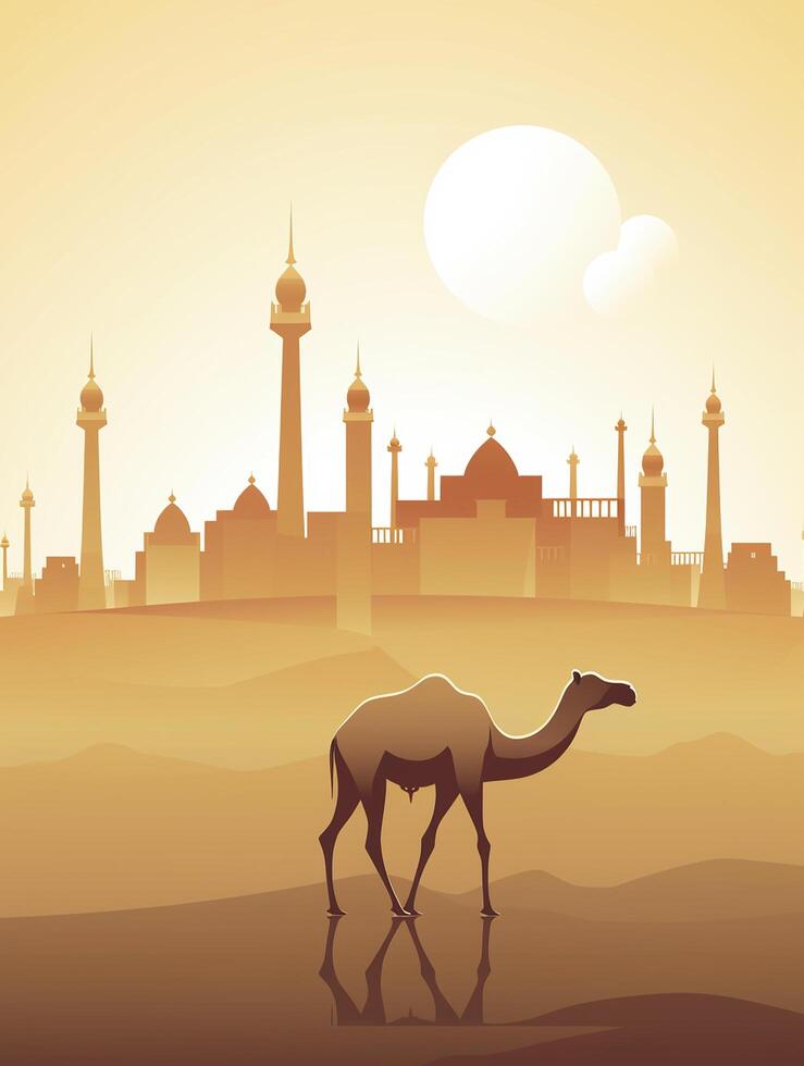 Eid Al Adha Mubarak greeting with camel and mosque, Eid Mubarak photo