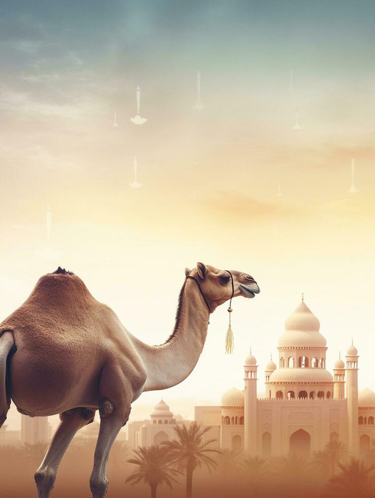 Eid Al Adha Mubarak greeting with camel and mosque, Eid Mubarak photo