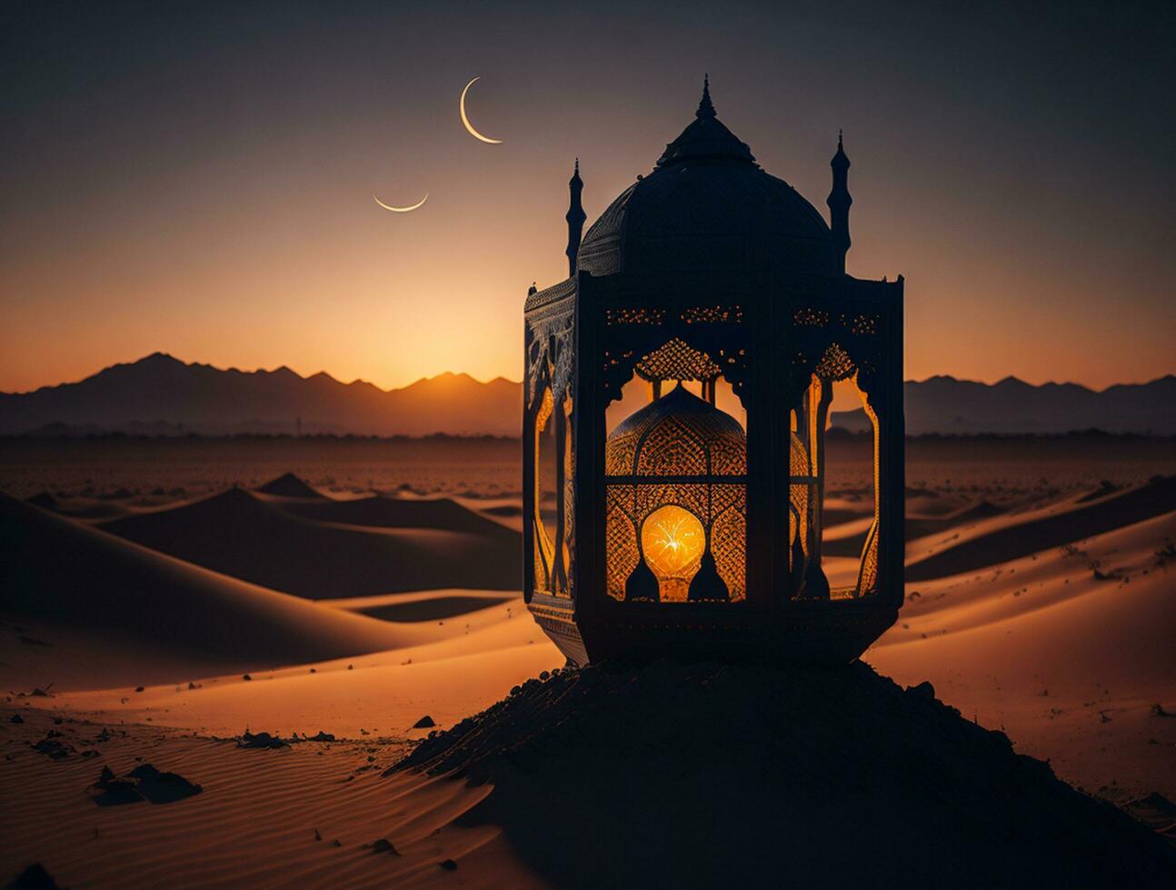 Ornamental arabic lantern with burning candle glowing at night. muslim holy month ramadan kareem photo