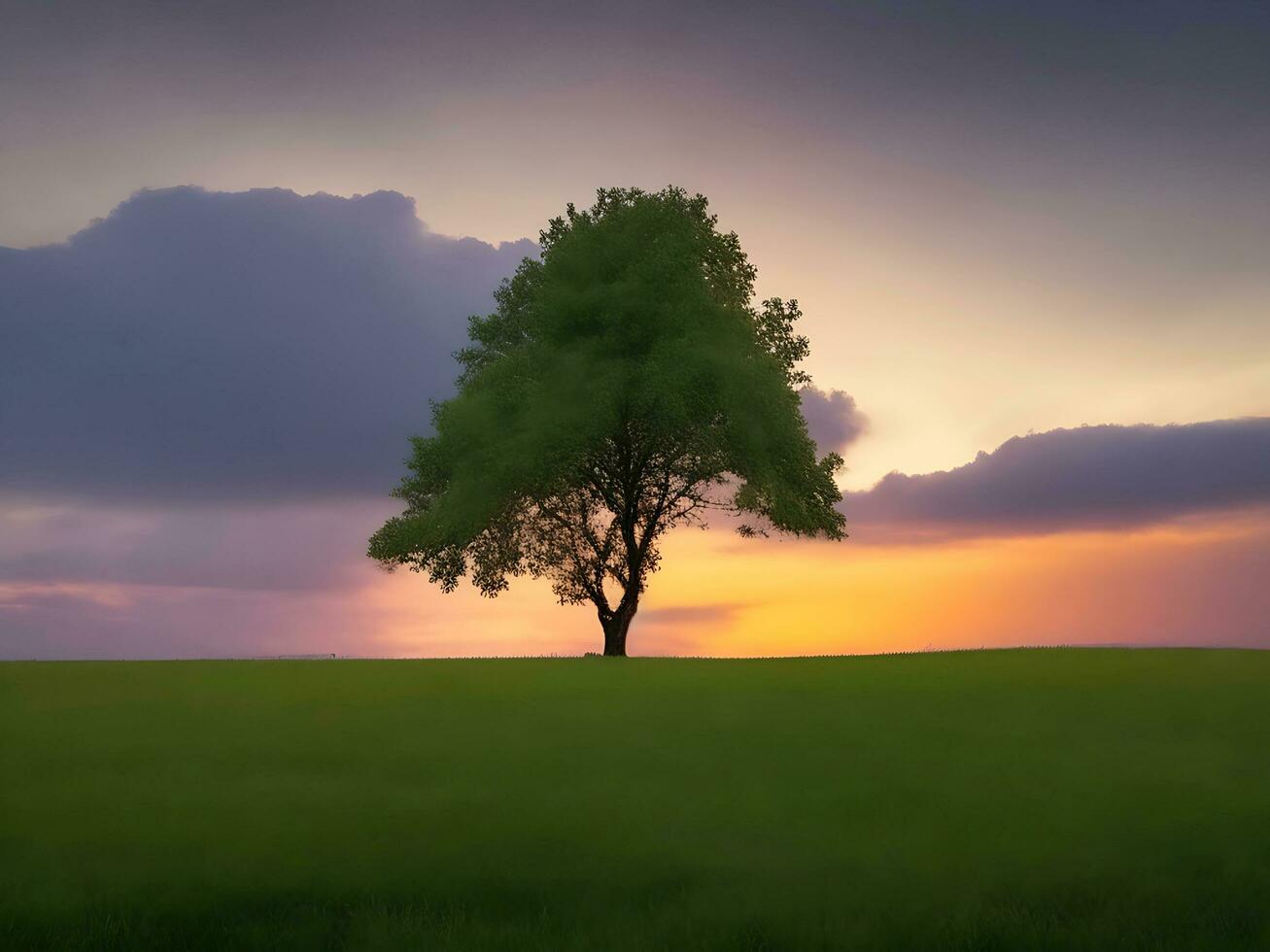 Grassy landscape with a tree growing under a clouded sky generated by ai photo