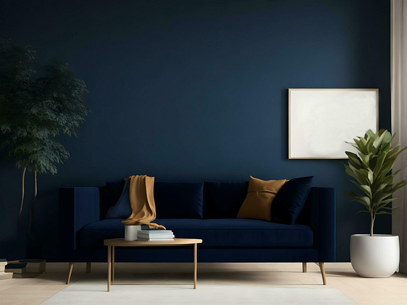 Living room interior mockup with an armchair in warm tones empty blue wall generated by ai photo