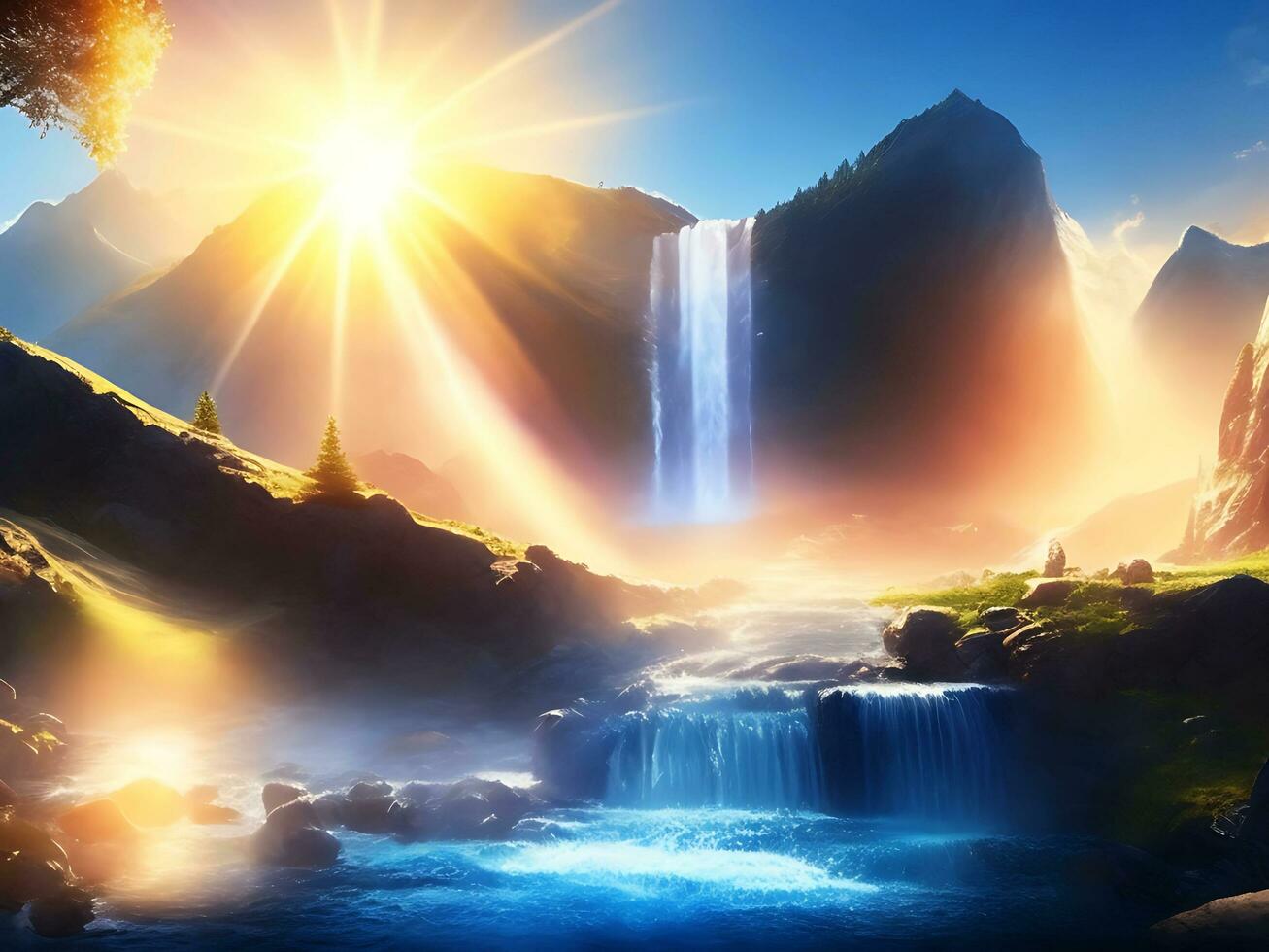 Fantasy landscape with mountains river waterfall sun rays generated by ai photo