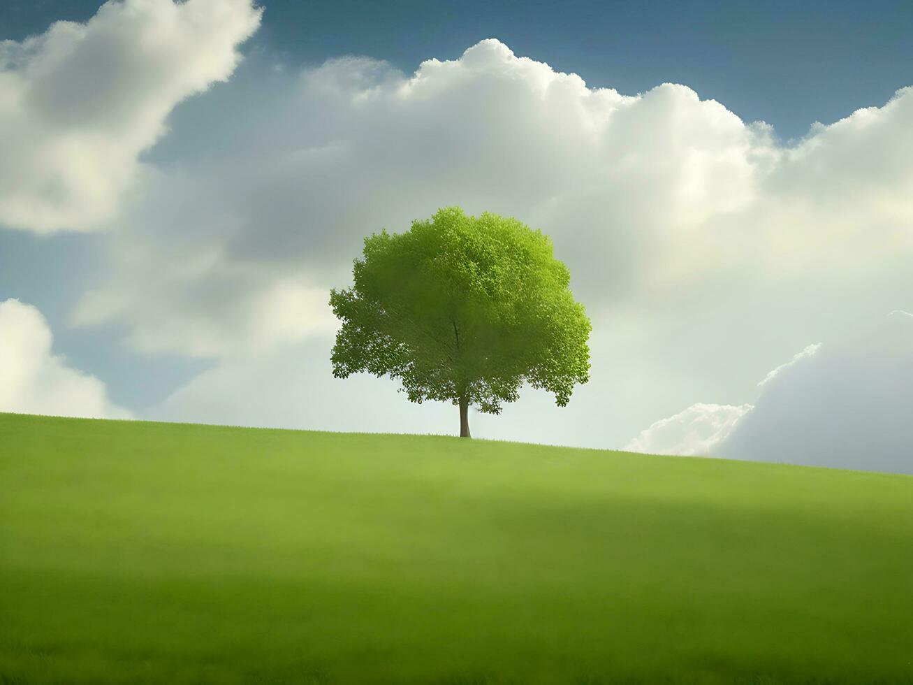 Single tree growing on a grassy landscape generated by ai photo