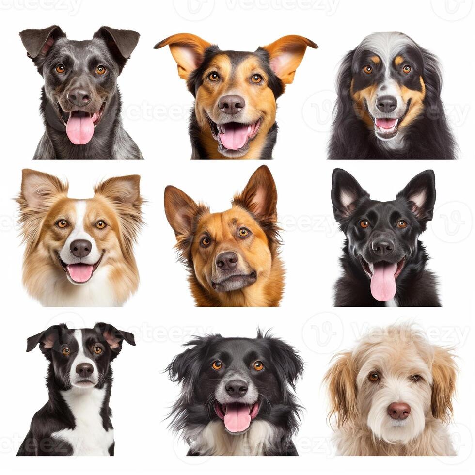 Set of different happy dogs portraits isolated on white background, created with photo