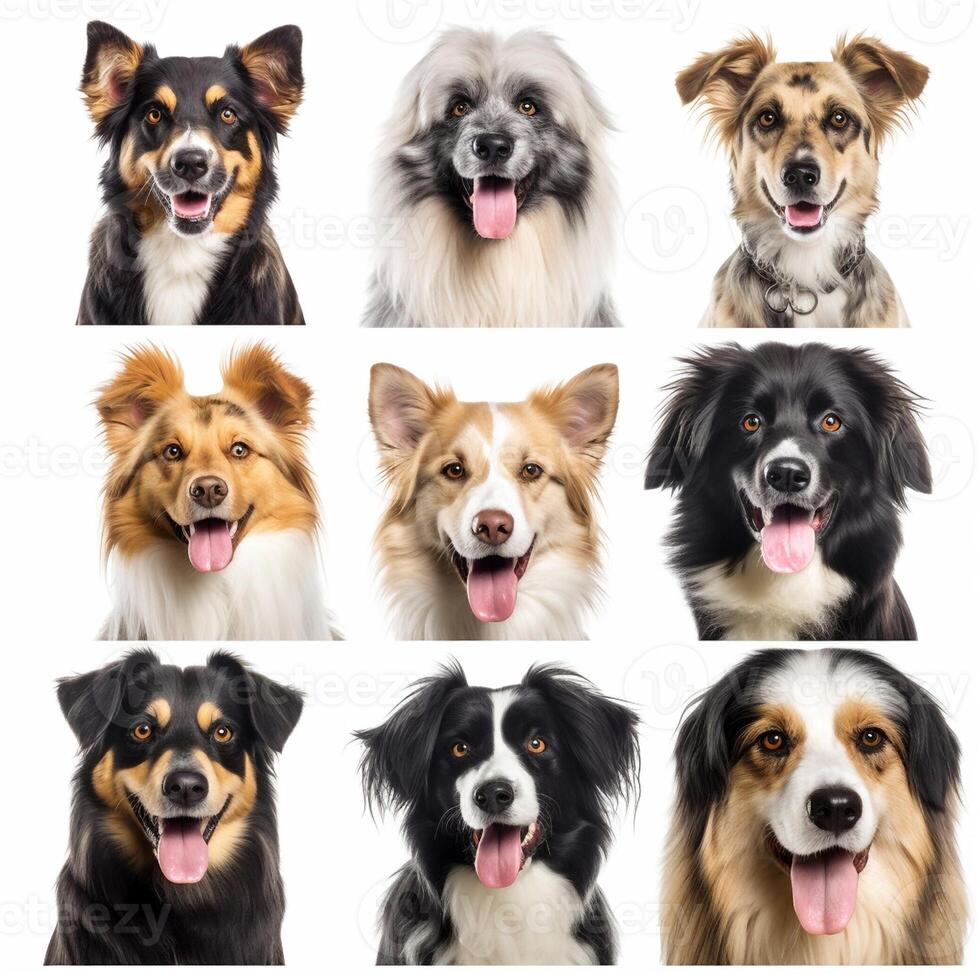 Set of different happy dogs portraits isolated on white background, created with photo