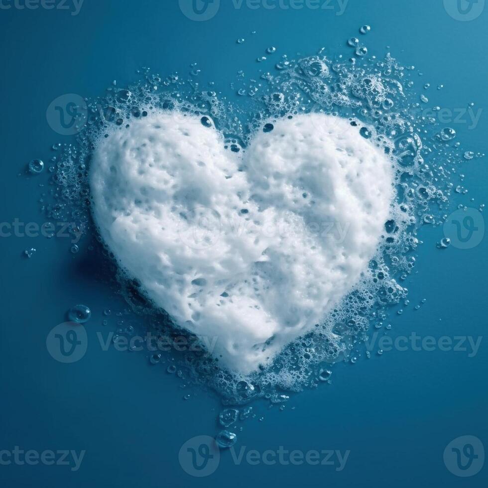 Heart shaped foam on blue background, created with generative AI photo