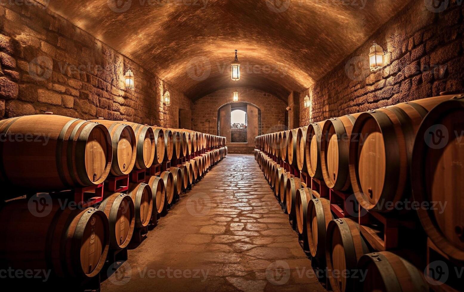 Wooden barrels in a wine cellar, created with photo