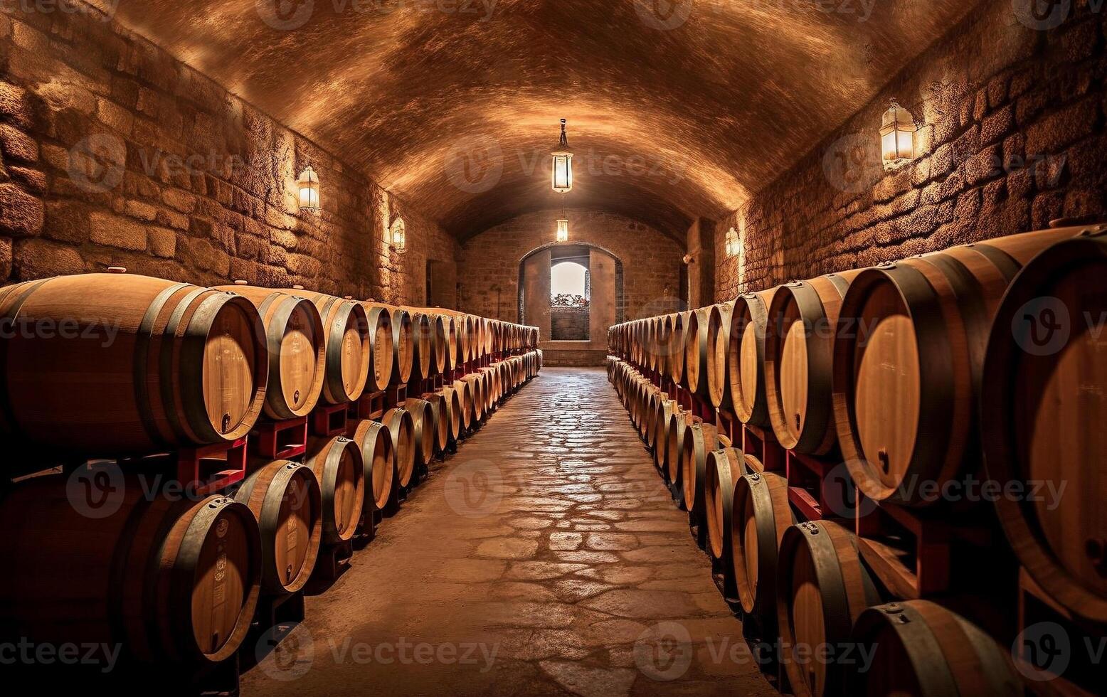 de madera barriles en un vino cava, creado con generativo ai foto