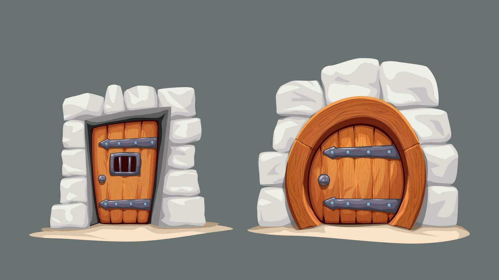 set of cartoon medieval doors on gray vector