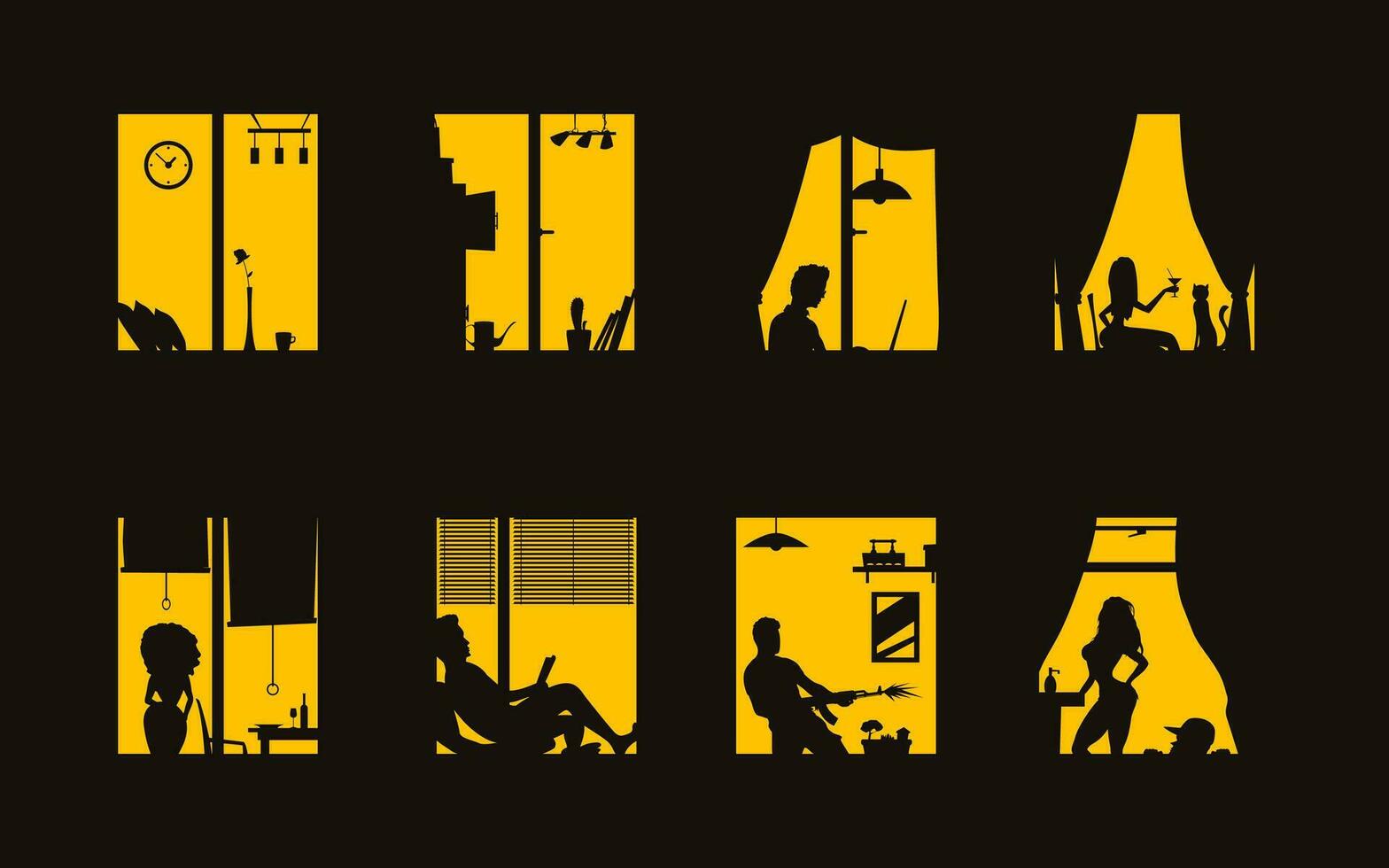 window silhouettes set yellow color vector