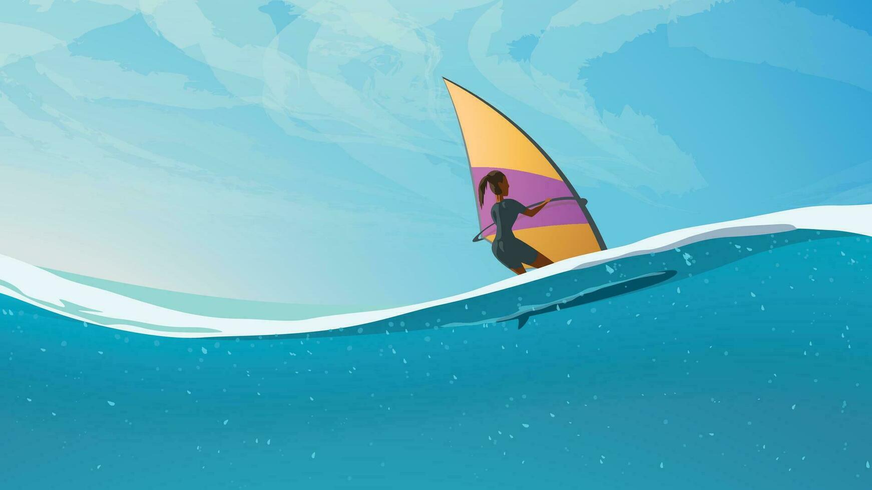 woman riding on windsurf view on waterline vector
