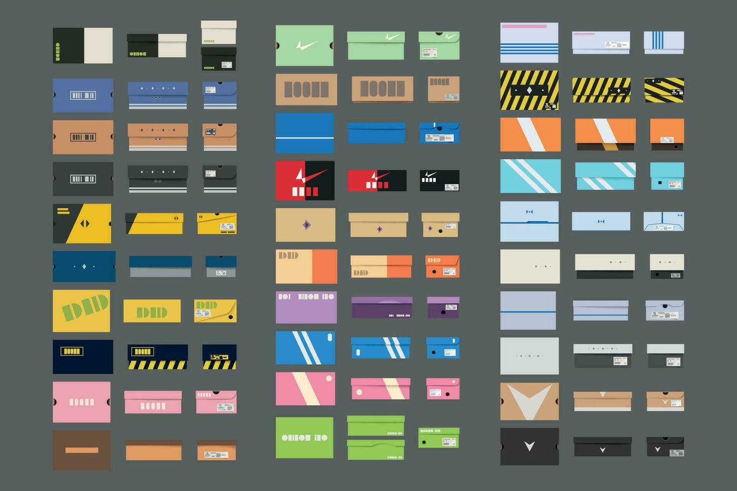 big set of colorful sneakers boxes on white vector