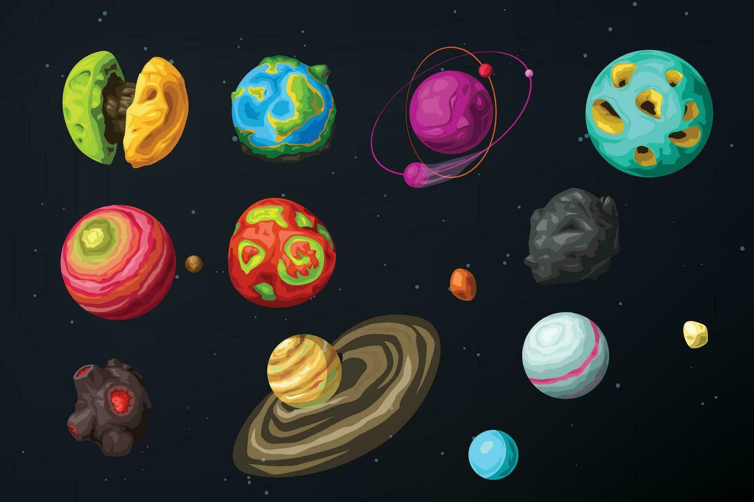 various colorful alien planets set in space vector