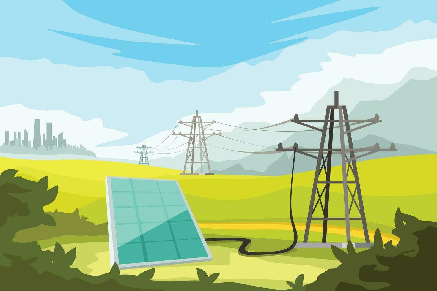 electric system with solar panel in nature vector