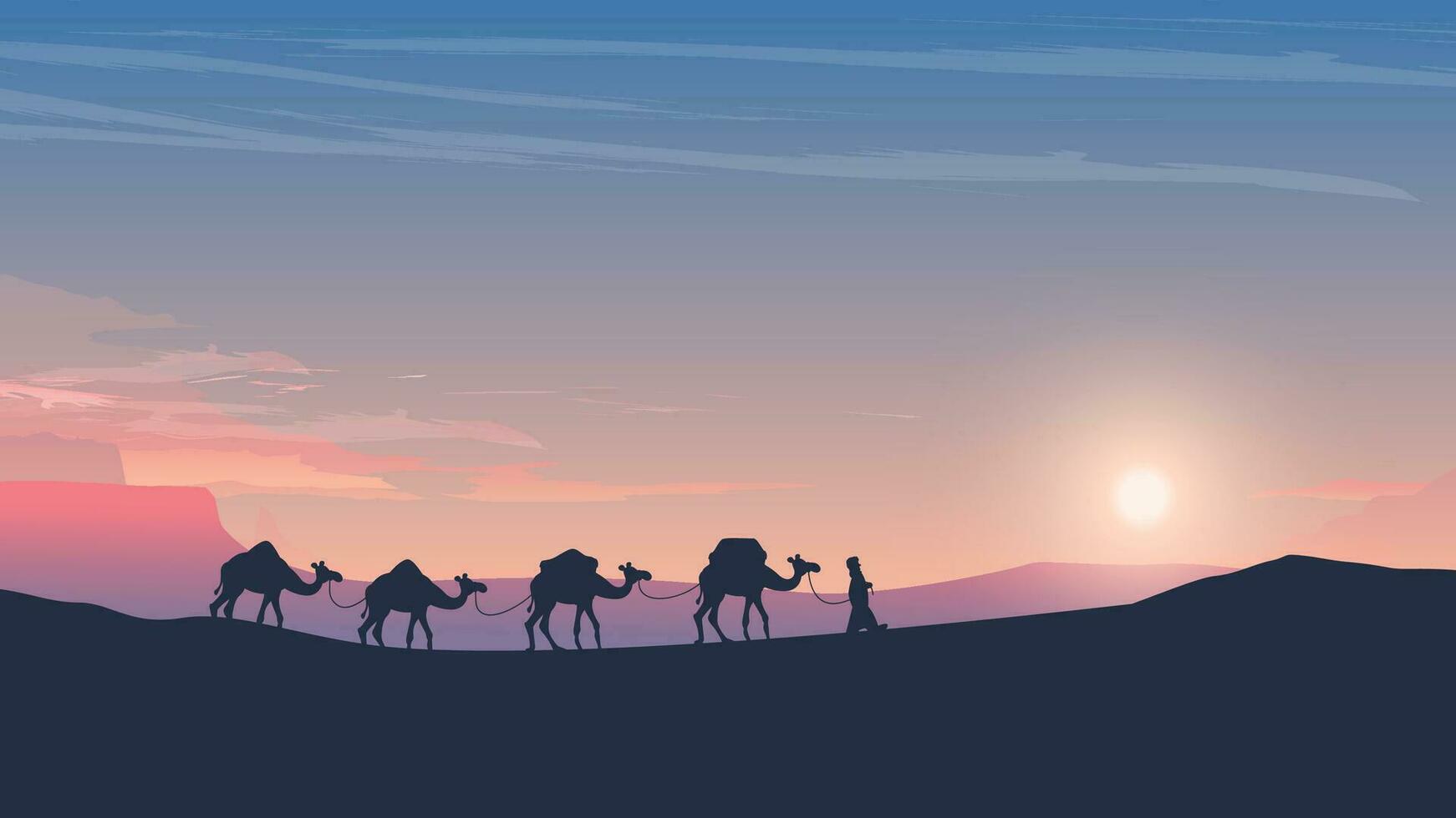 caravana de camellos a puesta de sol Arábica Desierto vector