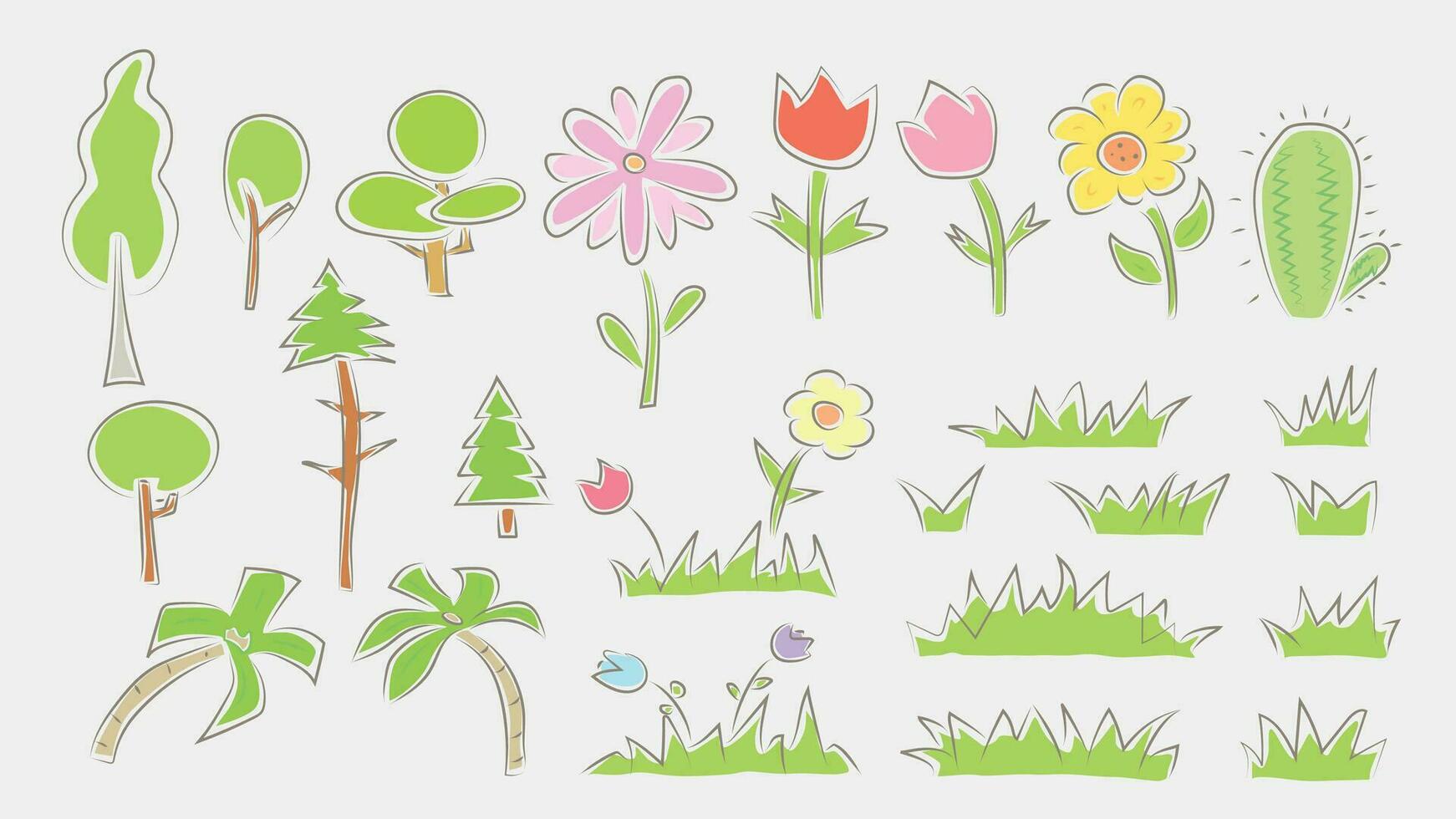 vistoso naturaleza mano dibujo estilo en conjunto vector