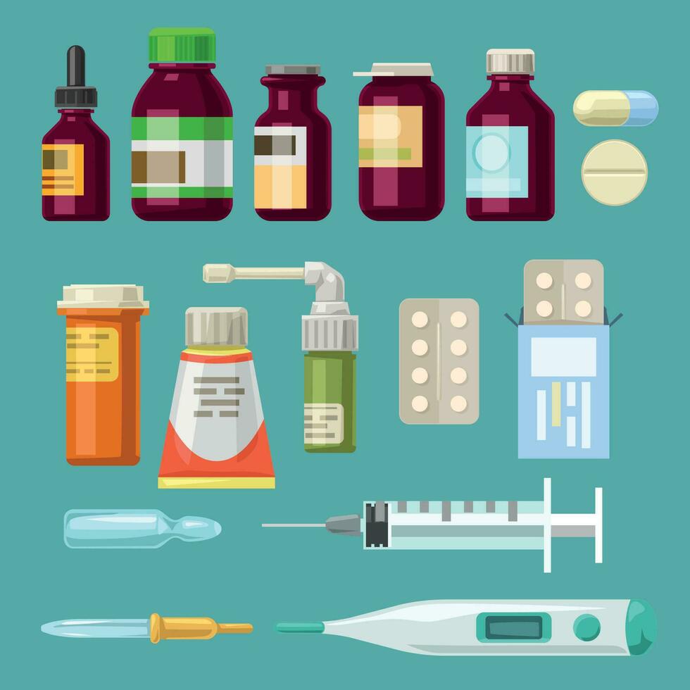 medicine big set simple style on blue vector