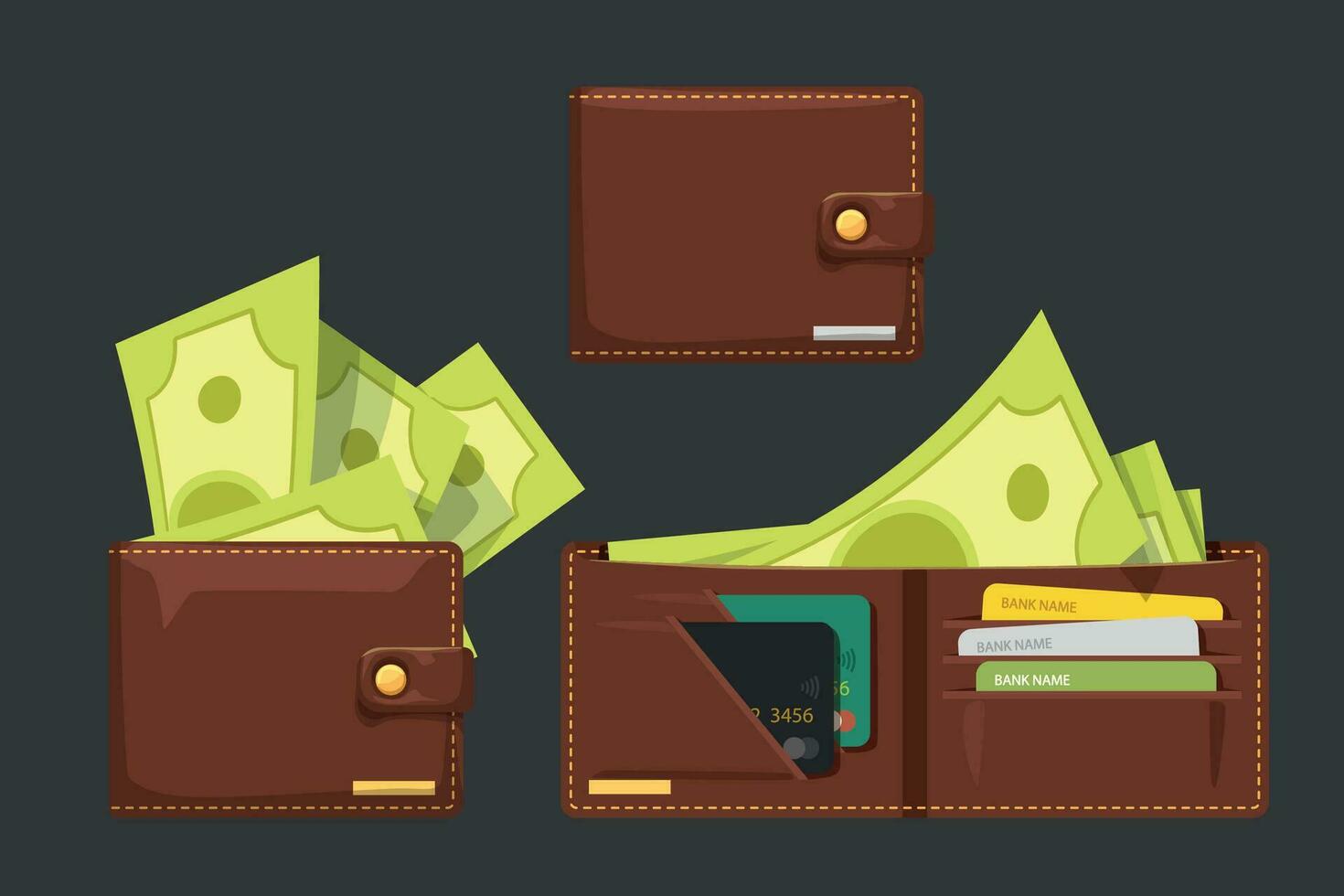 full of money brown color wallets set vector