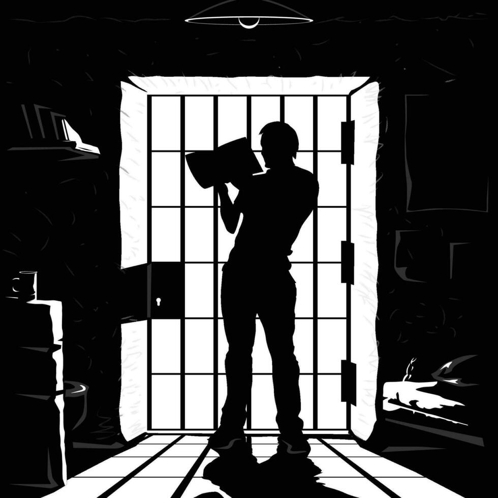 prisoner silhouette reading in cell black color vector