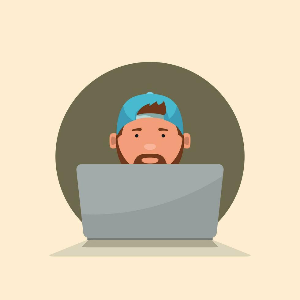 it guy sitting with laptop front view vector