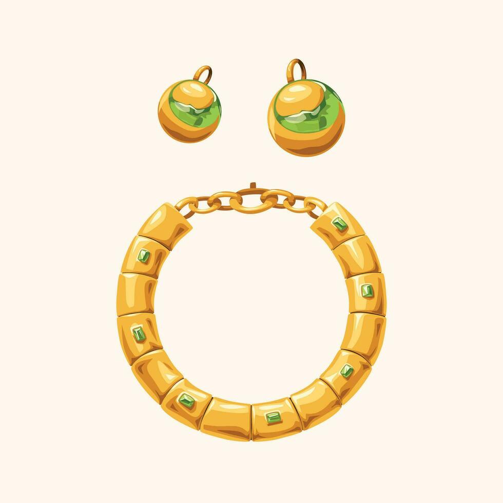 dorado joyería conjunto con verde color diamantes vector