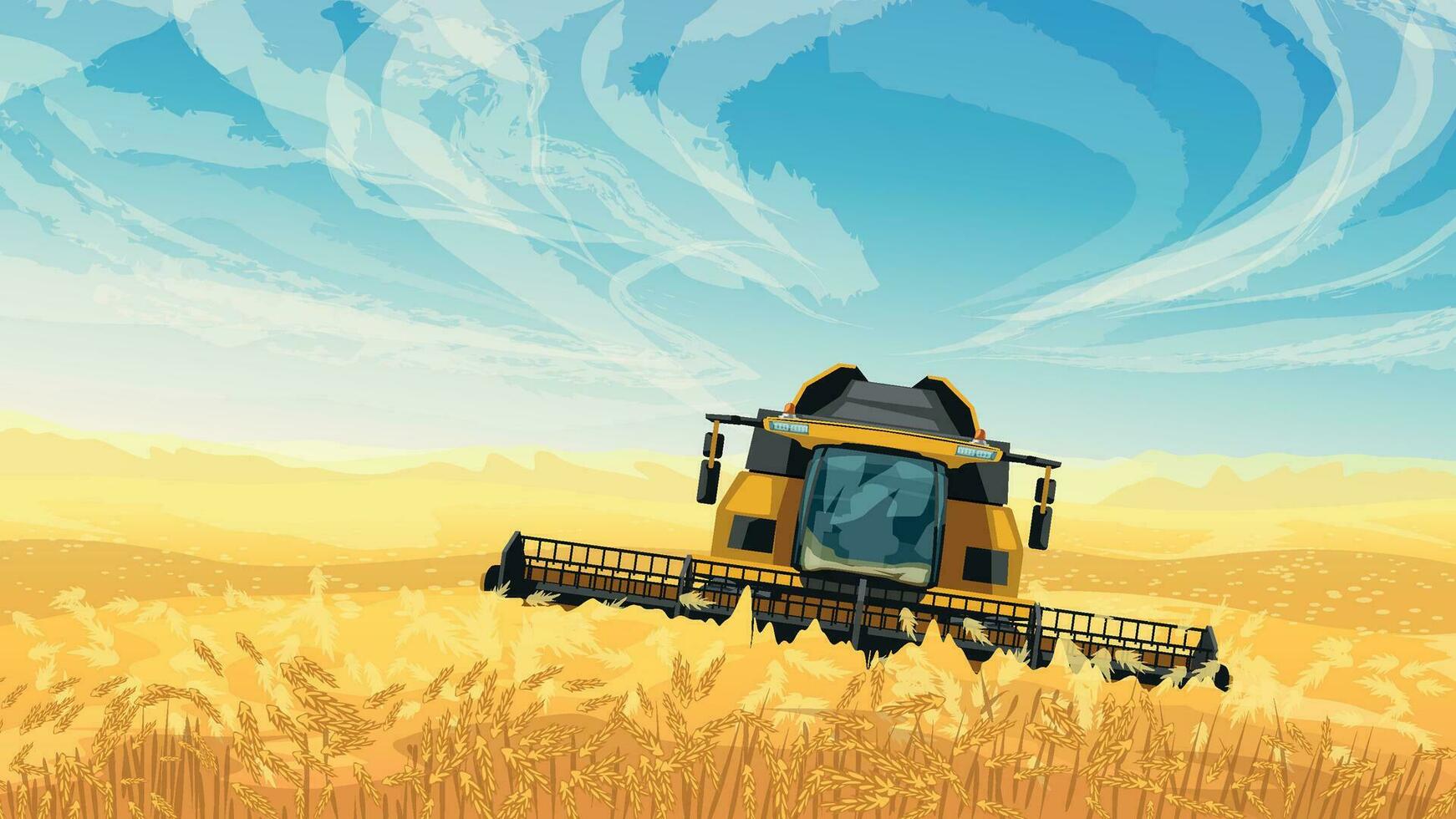 harvester on golden wheat field blue sky vector