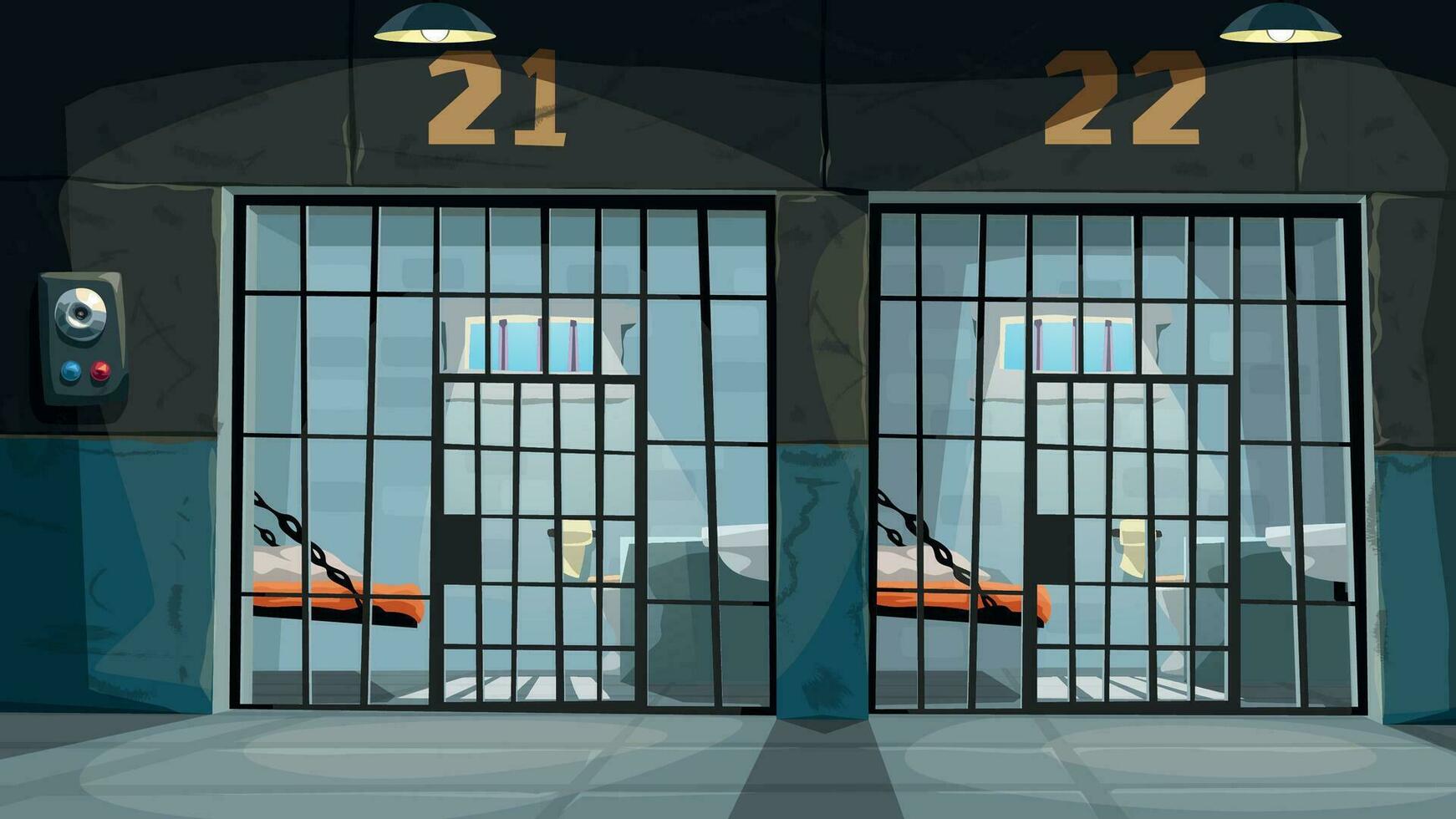 view on prison cells through metal bars vector