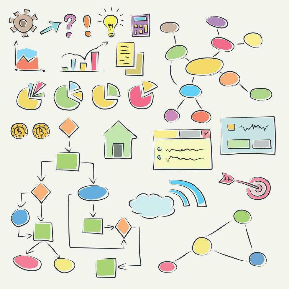 colorful hand draw business icons in set vector