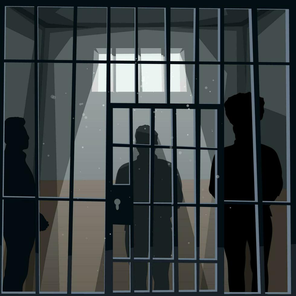 three imprison silhouettes staying in prison cell vector