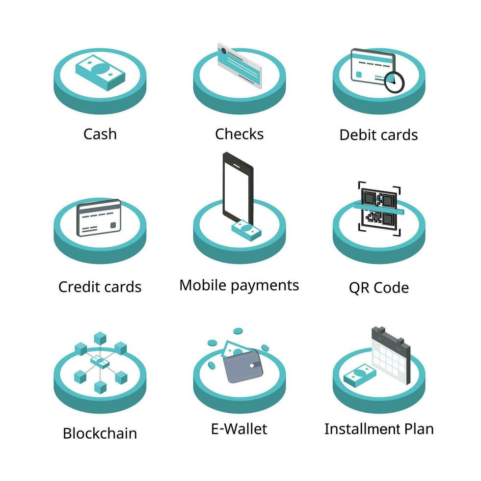 type of Payment Options when buying or purchasing such as cash, credit card, installment plan, blockchain vector