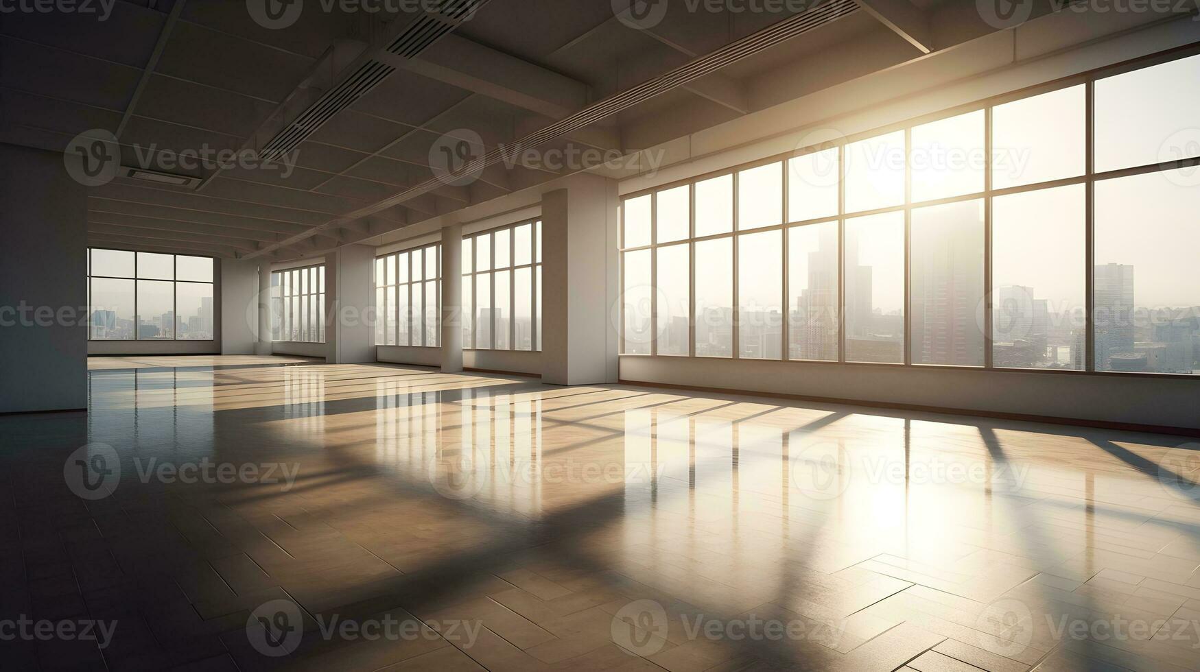 Large empty open space office or apartment loft high rise building with glass window surround it with city view beautiful evening city sunset. AI Generated photo