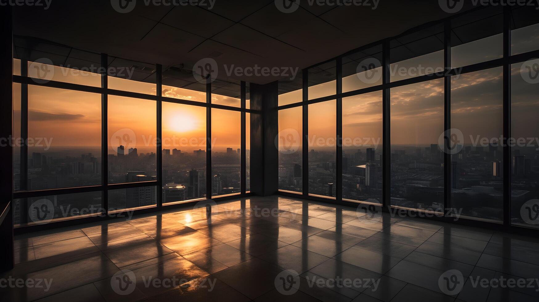 grande vacío abierto espacio oficina o Departamento desván alto subir edificio con vaso ventana rodear eso con ciudad ver hermosa noche ciudad puesta de sol. ai generado foto