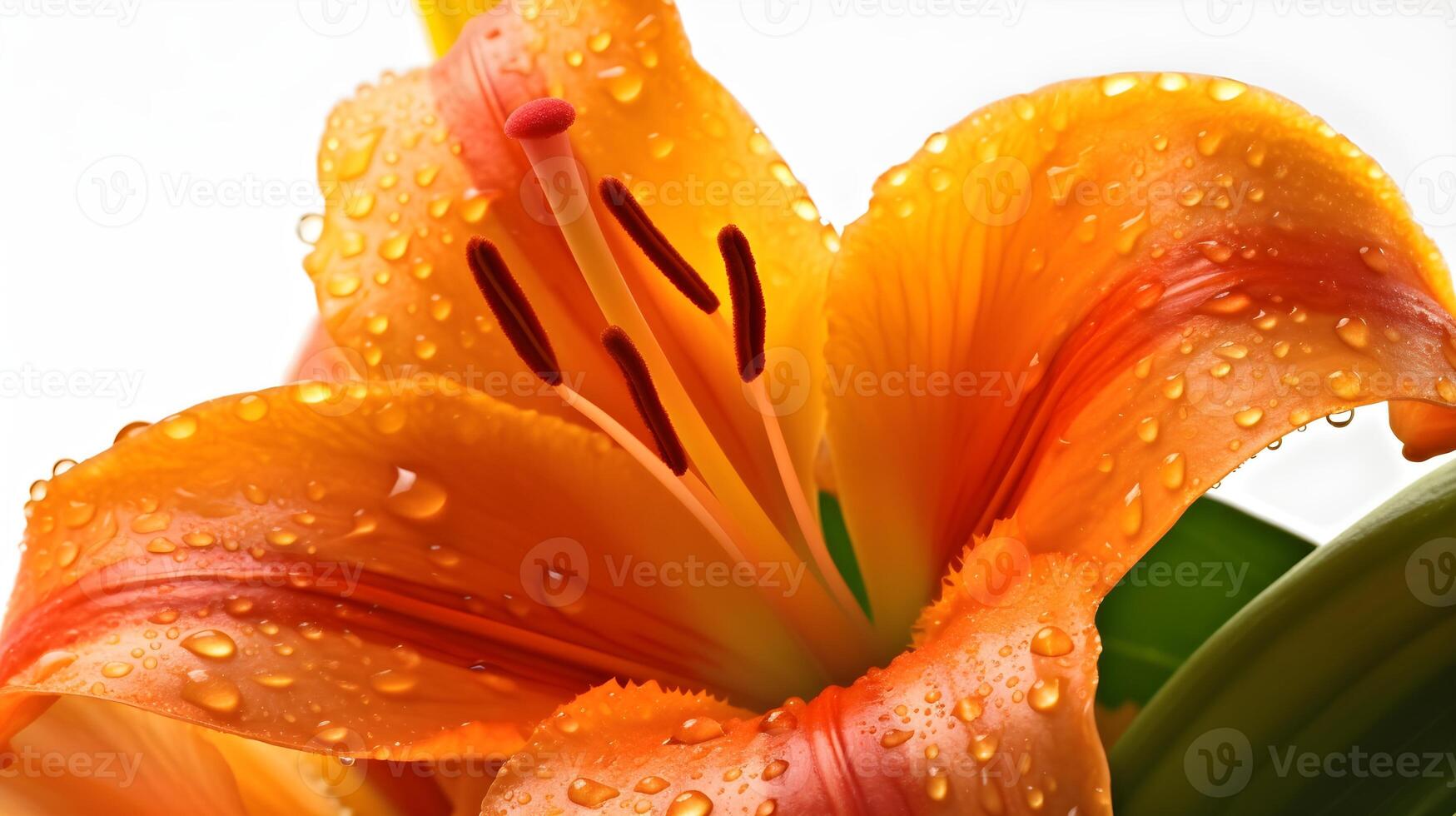 Macro close up shot wet yellow Tiger Lily flower and some water drops looks fresh on white background. photo