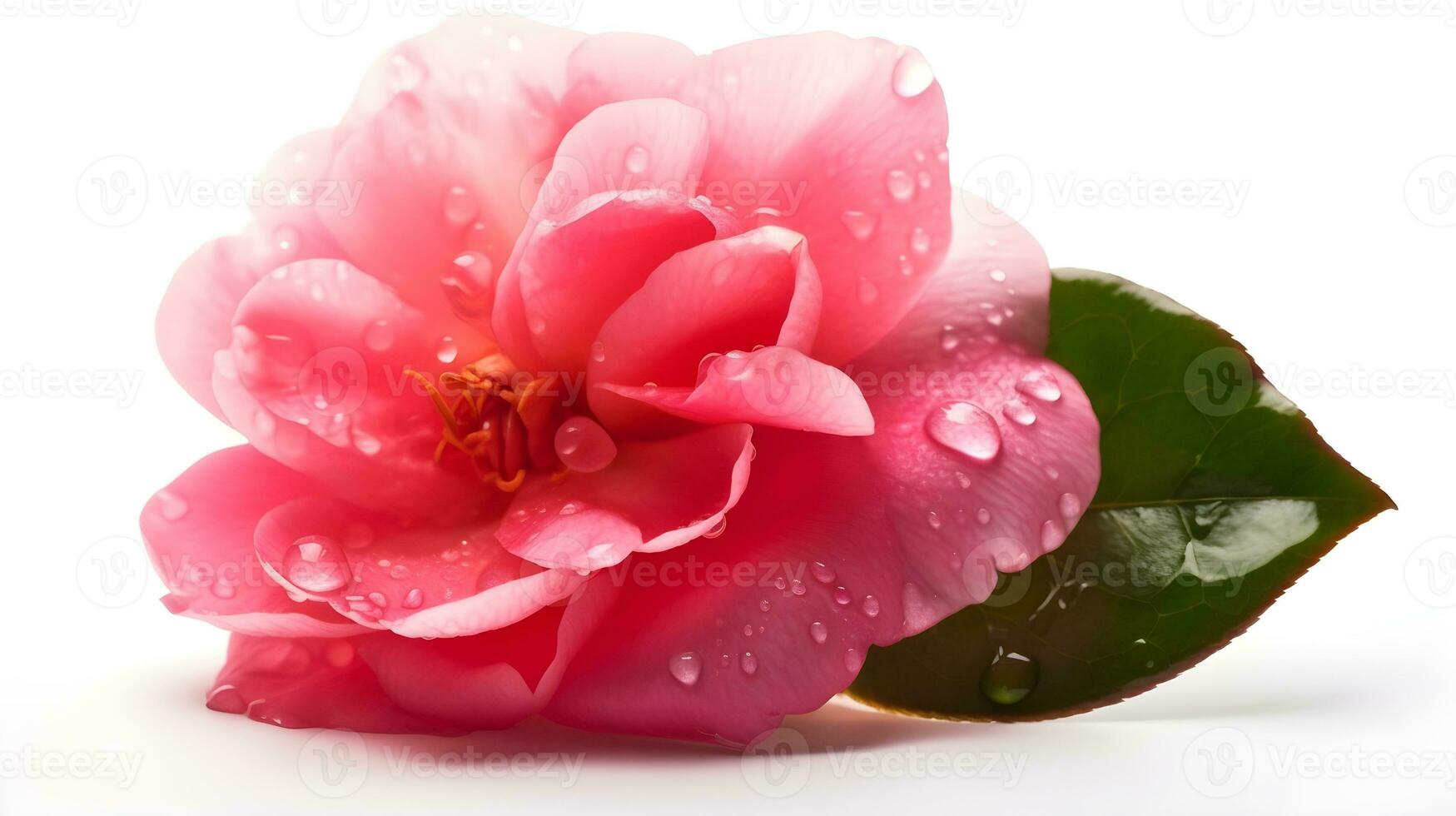 Beautiful close up pink Japanese camelia flower with some leaves and some water drops looks fresh laying on white studio shot background. AI Generated photo