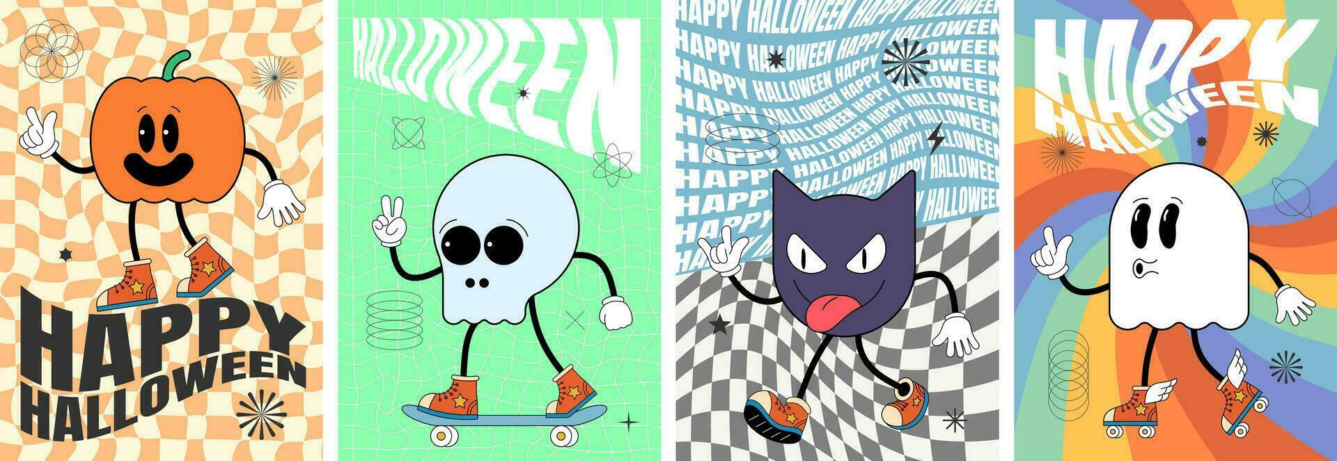 Retro groovy Happy Halloween party art poster set. Scary pumpkin, skull, bat and ghost holiday characters on crazy hippy placard. Psychedelic hippie style abstract flyer. Trendy y2k pop culture design vector