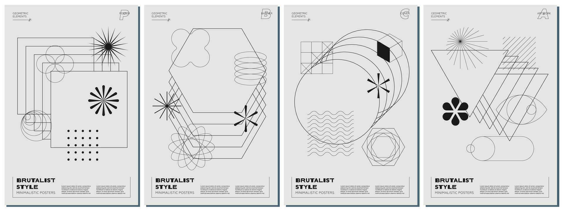 Trendy abstract brutalism poster set with black geometric shapes on monochrome background. Modern brutalist style minimal prints with simple figures and graphic elements. Brutal y2k vector eps prints