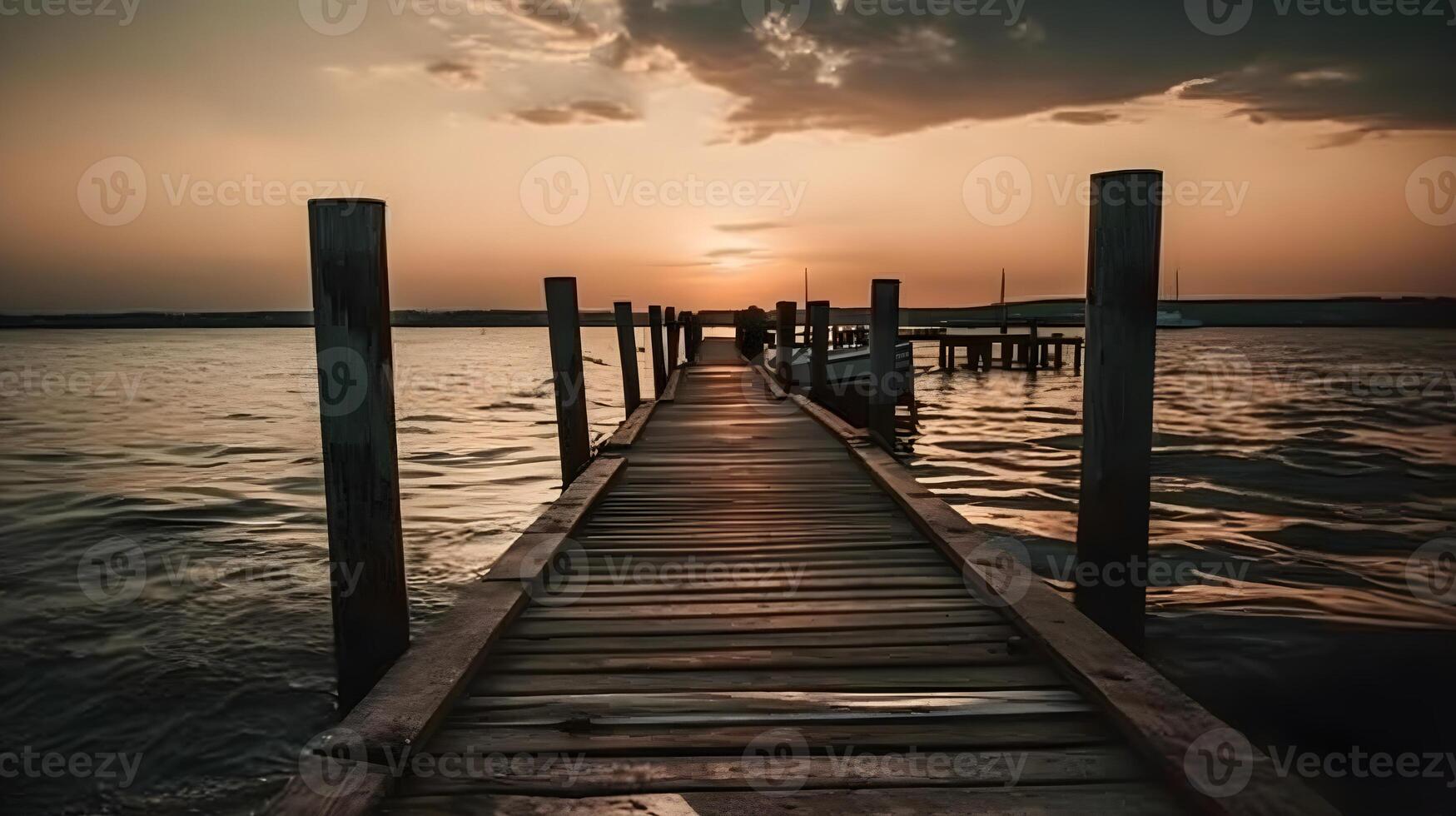 Wooden pier jetty bridge in the beach evening sunset nature view clear sky. AI Generated photo