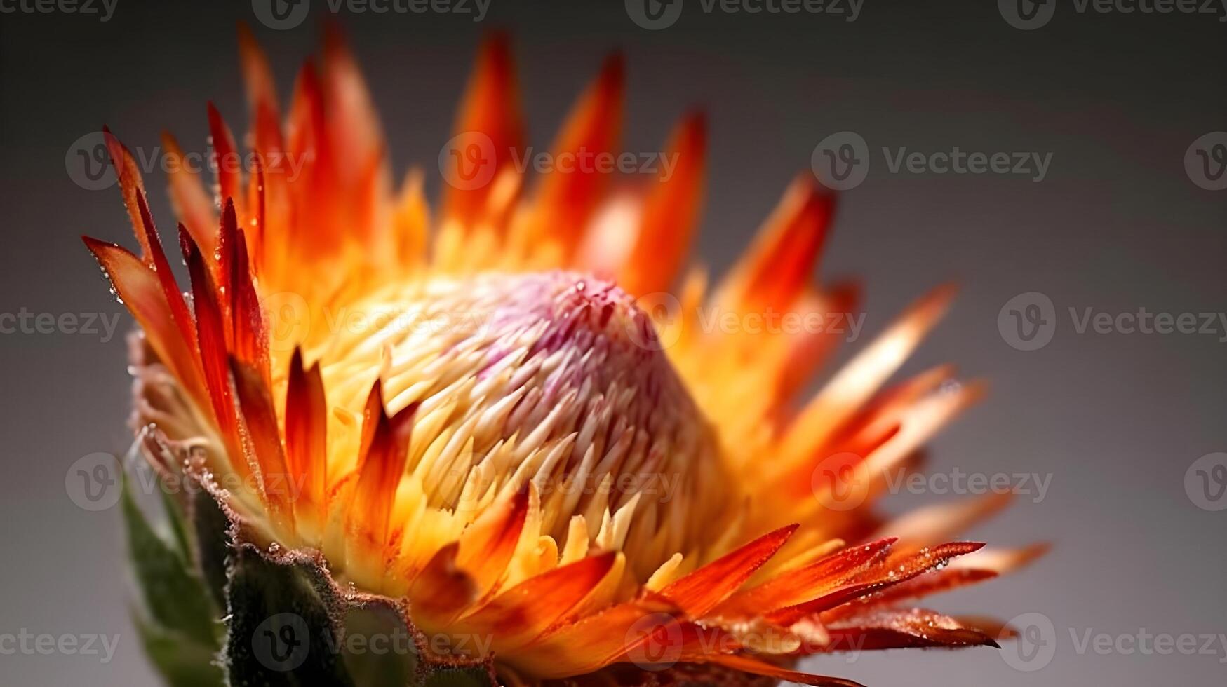 Maro Close up of stunning Orange exotic King protea flower macro shot nature background. AI Generated photo