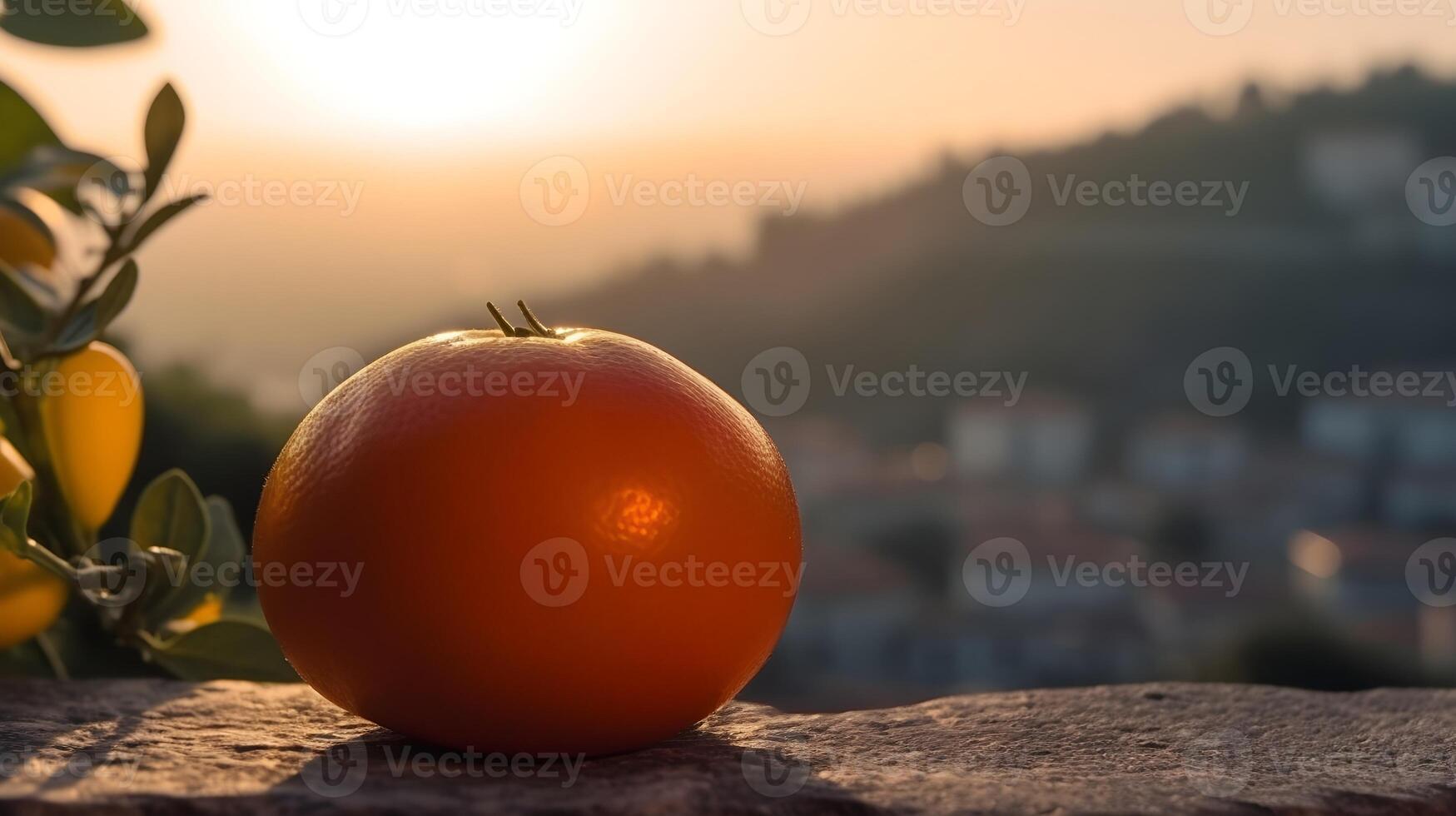 An orange fruit with blurry urban view in the evening for farm concept, harvesting, commercial, advertisement or backdrops. AI Generated photo