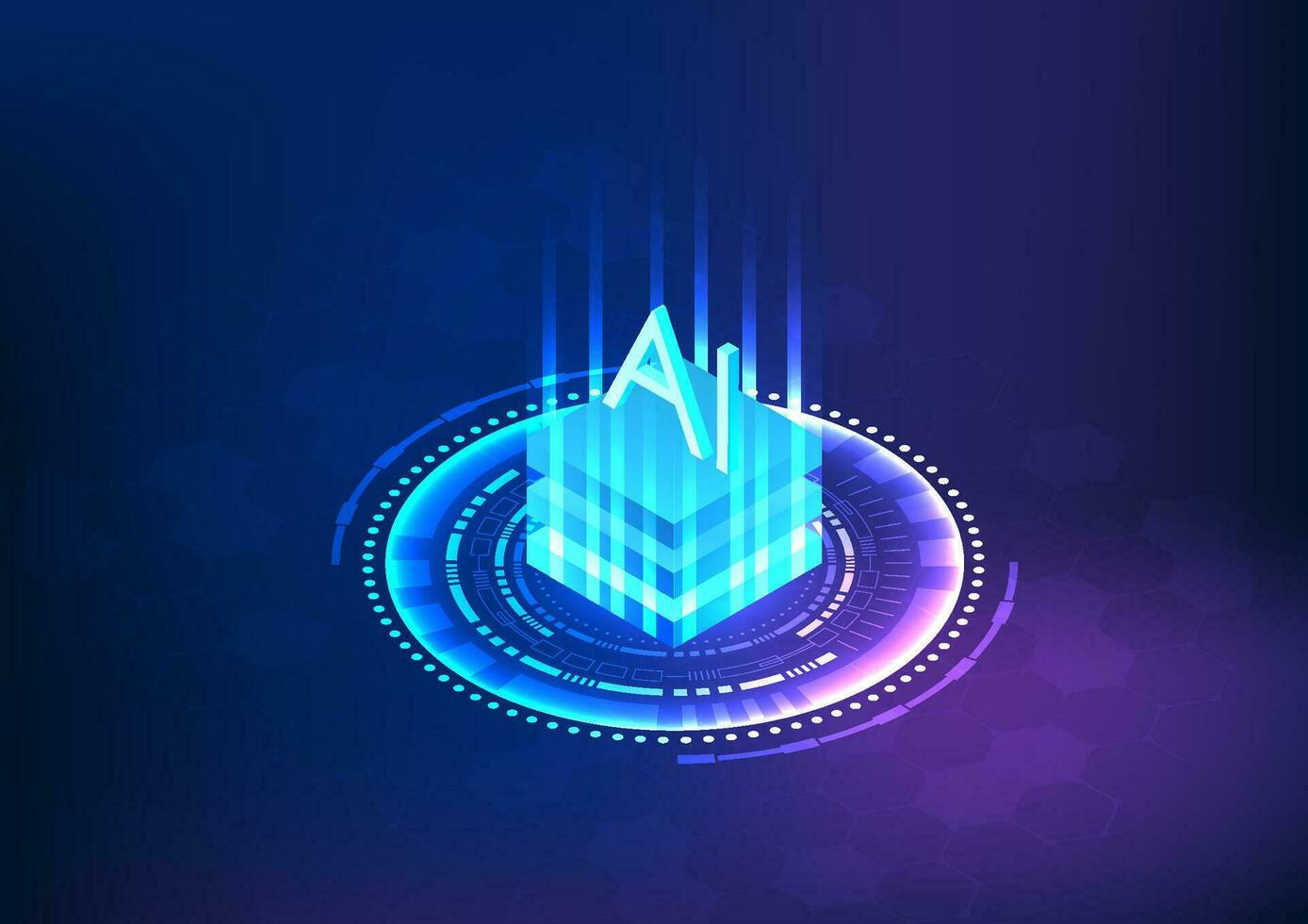 Isometric, with the composition of the image, is an AI microchip. Below is a technology circle. It means smart, artificial intelligence technology that comes to help work for humans. vector