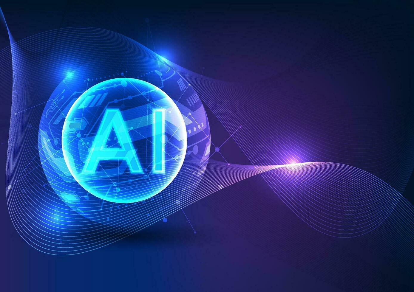 Synergy between artificial intelligence and current technology. With the letter AI inside a technology circle and overlapping lines, it represents the seamless integration advancement of AI technology vector