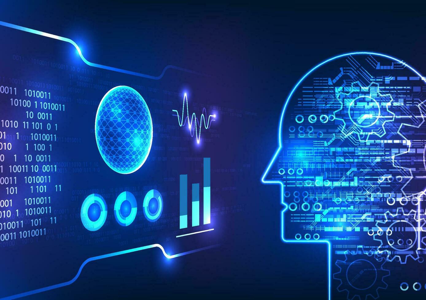 Artificial intelligence technology. technology screen reveals an eager robot learning, its circuit board overlapping the radiant sun, forming a mesmerizing composition. vector