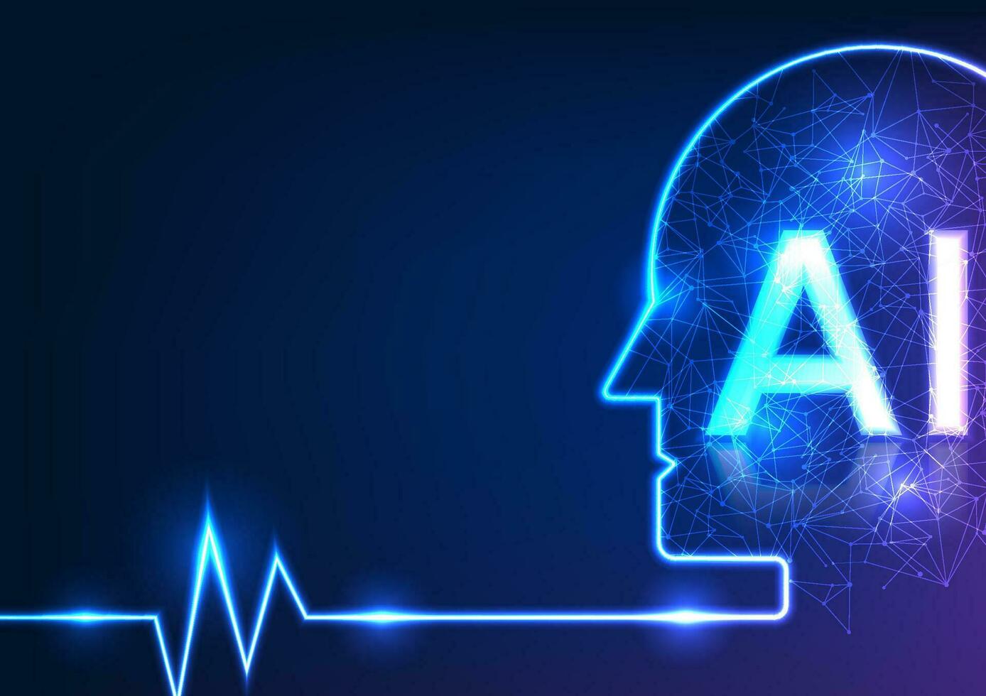 Discover modern technology. Featuring the face of a robot with interlocking lines and AI characters, it represents the rapid development and advancements in artificial intelligence vector