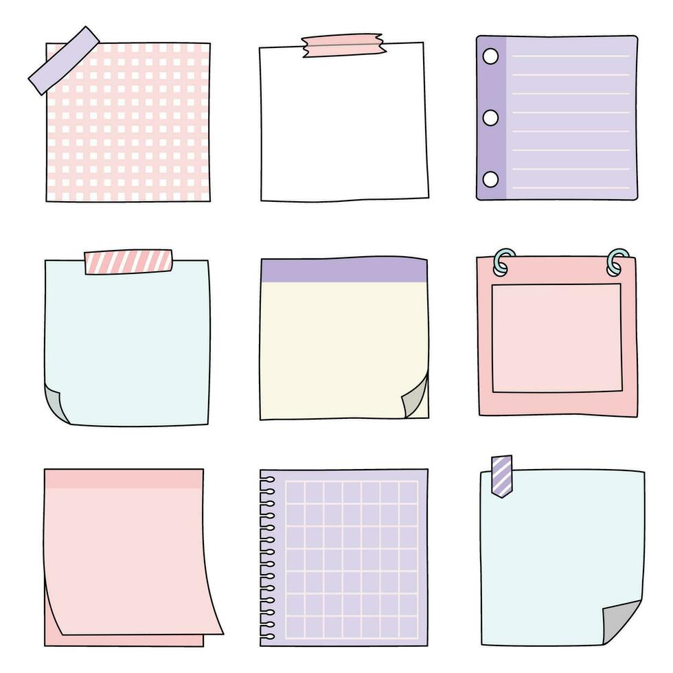 Hand drawn notepaper, doodle message sticky notes, vector illustration.