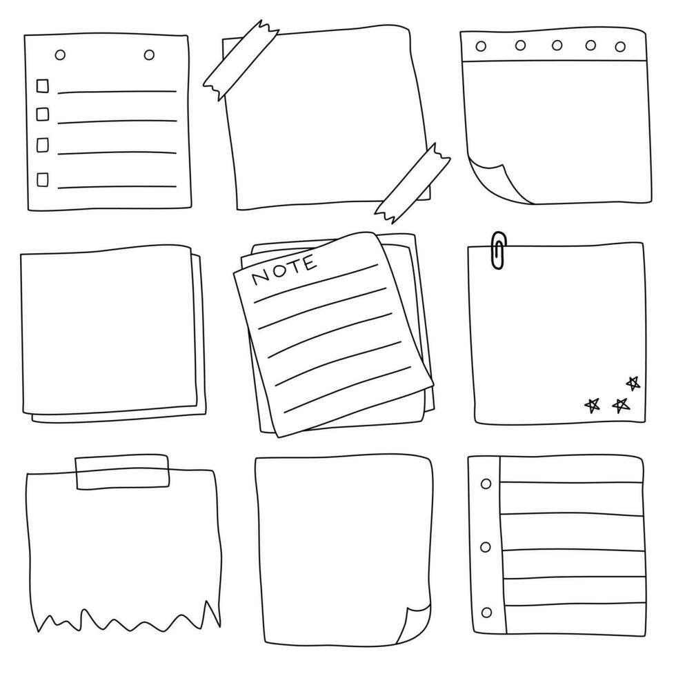 Hand drawn doodle notepaper, sticky note, vector illustration.