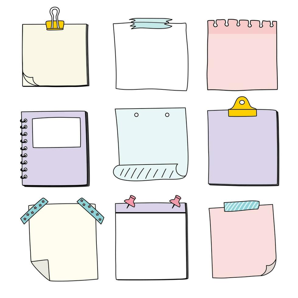 Hand drawn notepaper, doodle message sticky notes, vector illustration